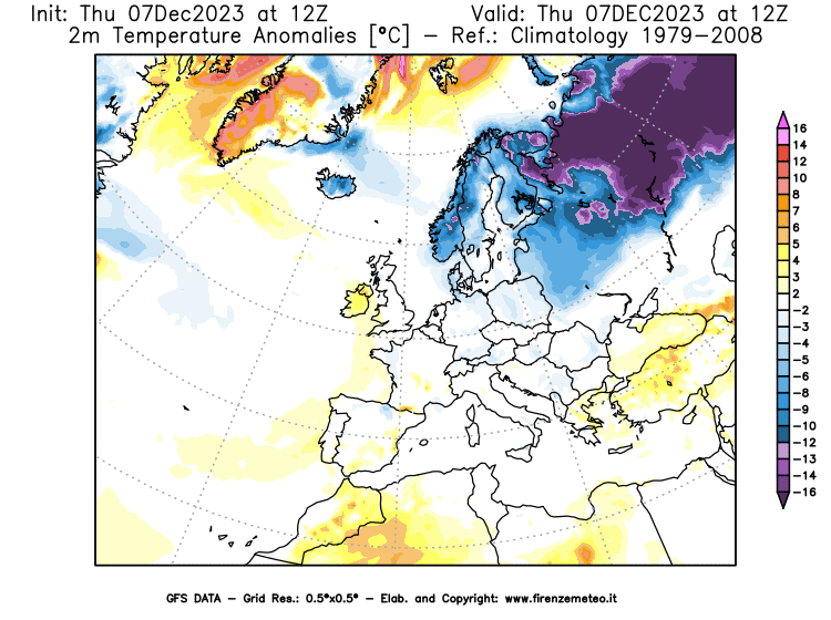 Mappa di analisi GFS - Anomalia Temperatura a 2 m in Europa
							del 7 dicembre 2023 z12