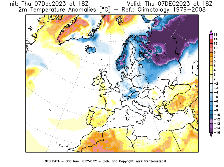 Mappa di analisi GFS - Anomalia Temperatura a 2 m in Europa
							del 7 dicembre 2023 z18