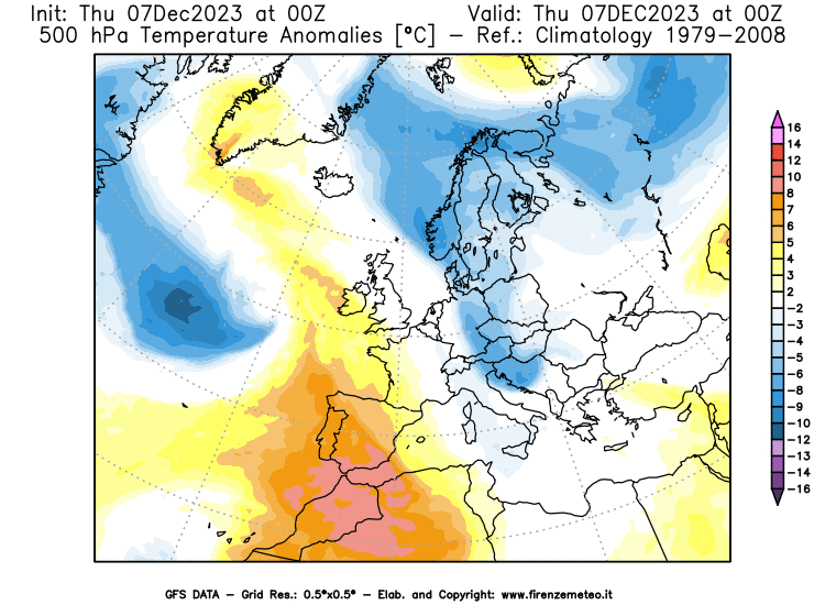 Mappa di analisi GFS - Anomalia Temperatura a 500 hPa in Europa
							del 7 dicembre 2023 z00