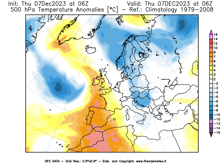 GFS analysi map - Temperature Anomalies at 500 hPa in Europe
									on December 7, 2023 H06