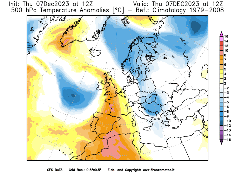 GFS analysi map - Temperature Anomalies at 500 hPa in Europe
									on December 7, 2023 H12