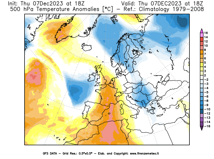 GFS analysi map - Temperature Anomalies at 500 hPa in Europe
									on December 7, 2023 H18
