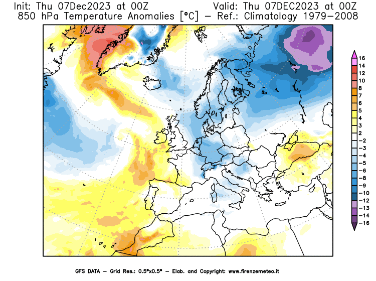 Mappa di analisi GFS - Anomalia Temperatura a 850 hPa in Europa
							del 7 dicembre 2023 z00