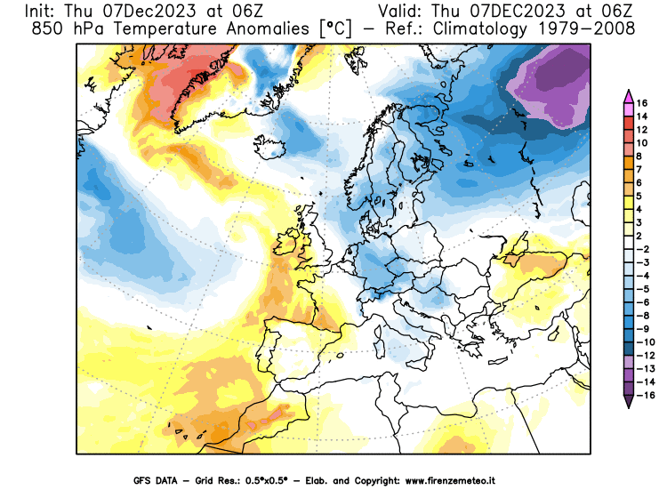 GFS analysi map - Temperature Anomalies at 850 hPa in Europe
									on December 7, 2023 H06