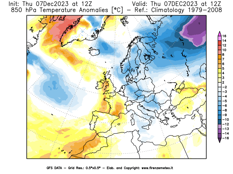 Mappa di analisi GFS - Anomalia Temperatura a 850 hPa in Europa
							del 7 dicembre 2023 z12