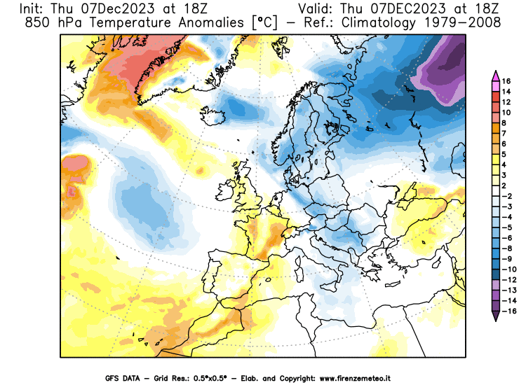 GFS analysi map - Temperature Anomalies at 850 hPa in Europe
									on December 7, 2023 H18