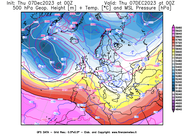 GFS analysi map - Geopotential + Temp. at 500 hPa + Sea Level Pressure in Europe
									on December 7, 2023 H00