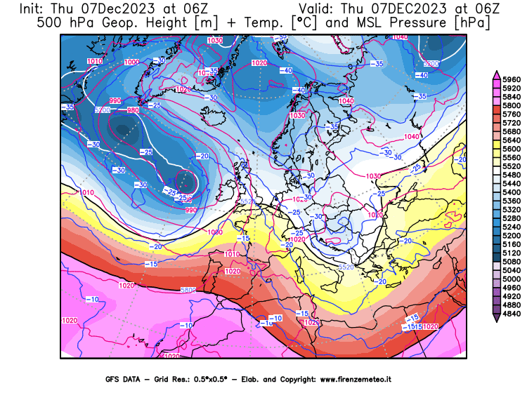 GFS analysi map - Geopotential + Temp. at 500 hPa + Sea Level Pressure in Europe
									on December 7, 2023 H06