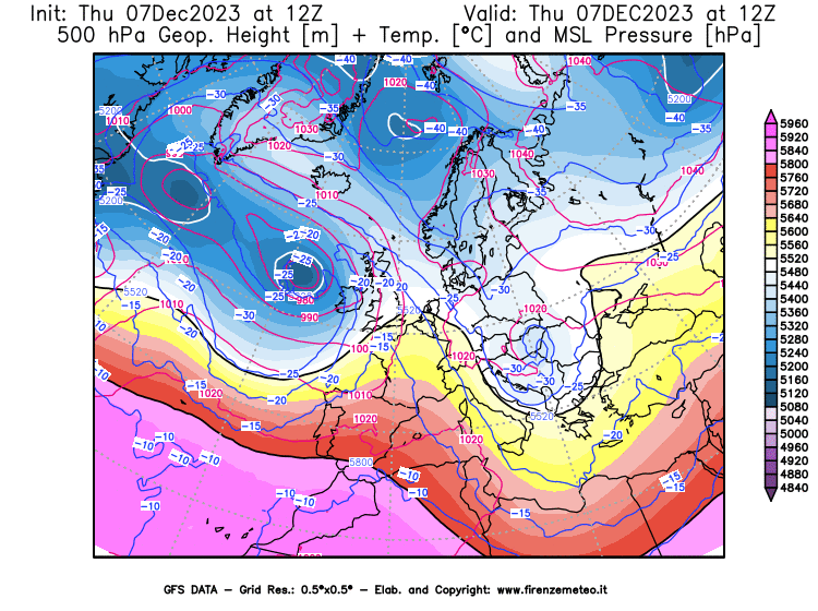 GFS analysi map - Geopotential + Temp. at 500 hPa + Sea Level Pressure in Europe
									on December 7, 2023 H12