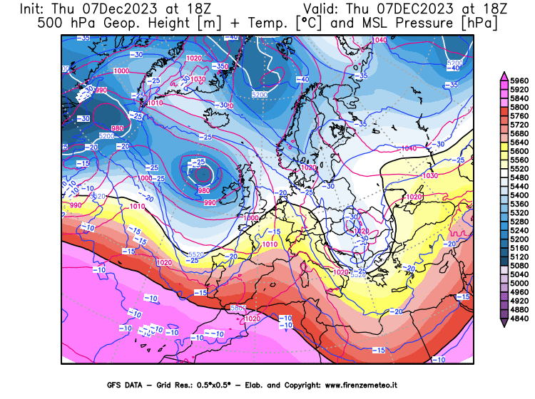 GFS analysi map - Geopotential + Temp. at 500 hPa + Sea Level Pressure in Europe
									on December 7, 2023 H18