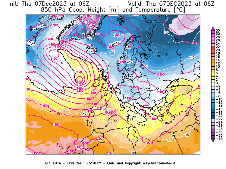 GFS analysi map - Geopotential and Temperature at 850 hPa in Europe
									on December 7, 2023 H06
