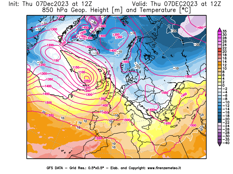 GFS analysi map - Geopotential and Temperature at 850 hPa in Europe
									on December 7, 2023 H12