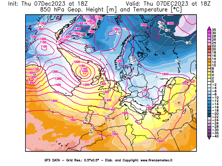 GFS analysi map - Geopotential and Temperature at 850 hPa in Europe
									on December 7, 2023 H18