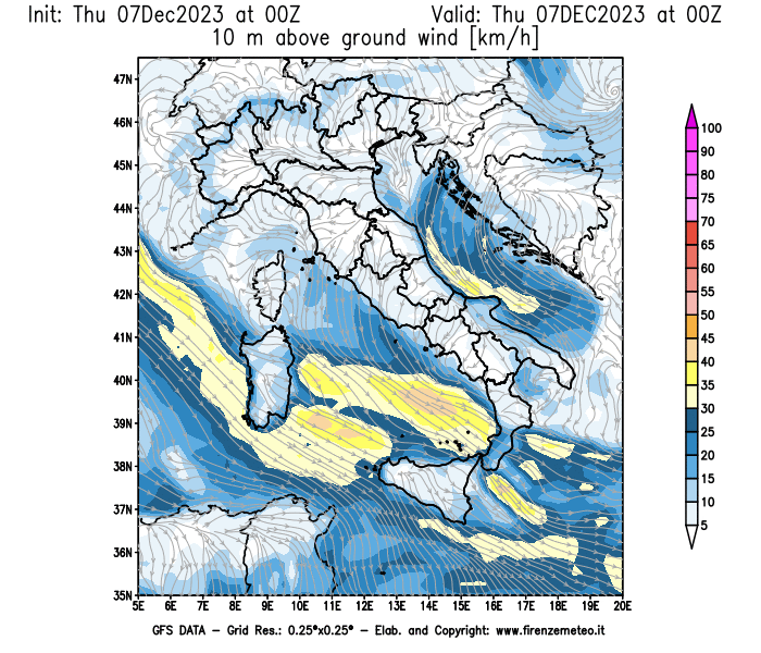 Mappa di analisi GFS - Velocità del vento a 10 metri dal suolo in Italia
							del 7 dicembre 2023 z00
