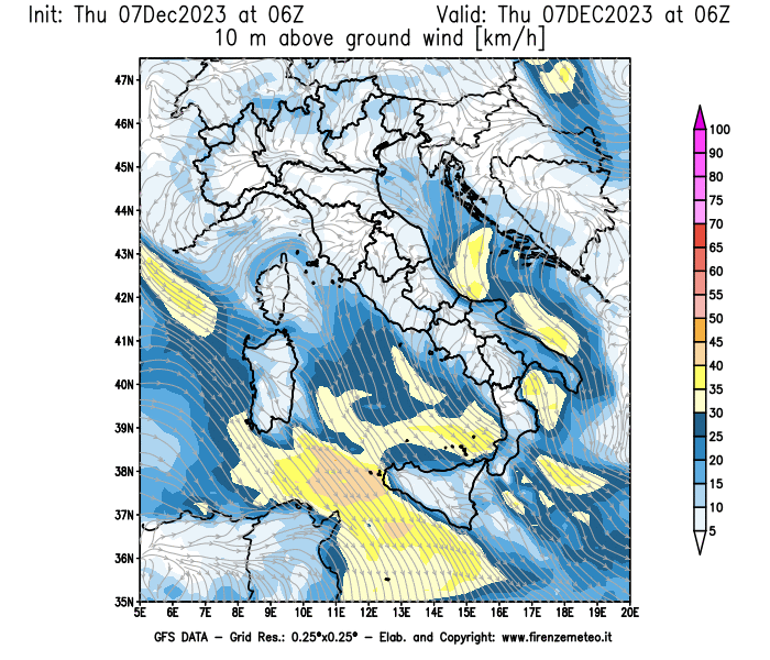 Mappa di analisi GFS - Velocità del vento a 10 metri dal suolo in Italia
							del 7 dicembre 2023 z06