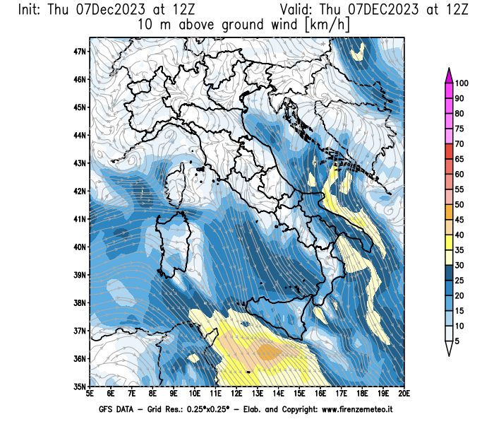 Mappa di analisi GFS - Velocità del vento a 10 metri dal suolo in Italia
							del 7 dicembre 2023 z12
