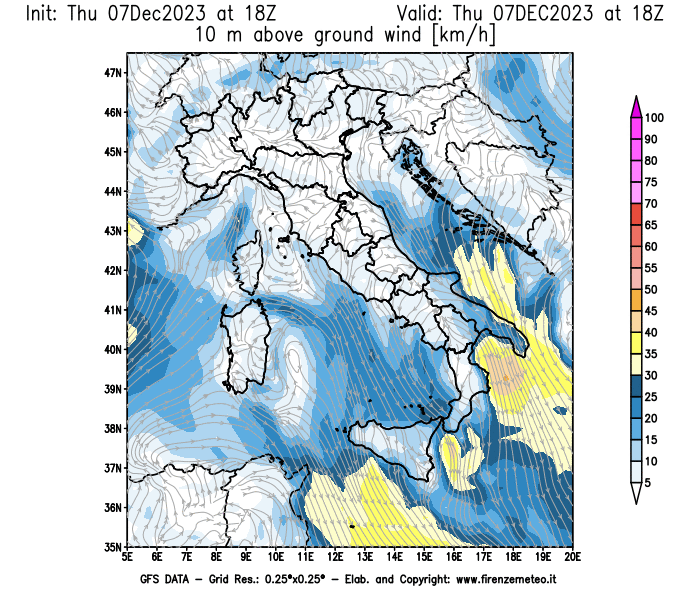 Mappa di analisi GFS - Velocità del vento a 10 metri dal suolo in Italia
							del 7 dicembre 2023 z18