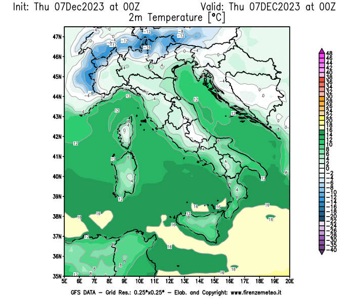 GFS analysi map - Temperature at 2 m above ground in Italy
									on December 7, 2023 H00