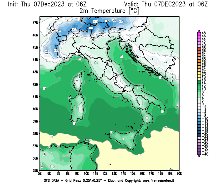 GFS analysi map - Temperature at 2 m above ground in Italy
									on December 7, 2023 H06