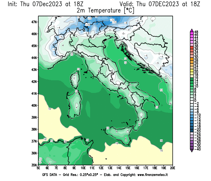 GFS analysi map - Temperature at 2 m above ground in Italy
									on December 7, 2023 H18