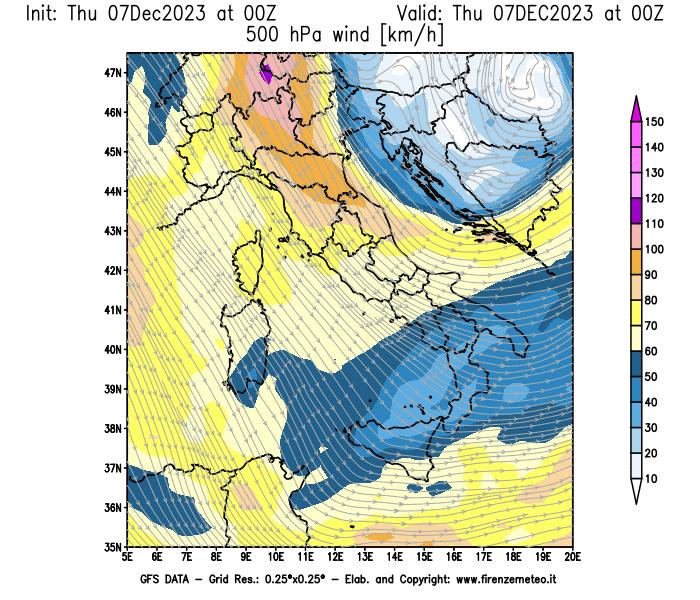 GFS analysi map - Wind Speed at 500 hPa in Italy
									on December 7, 2023 H00