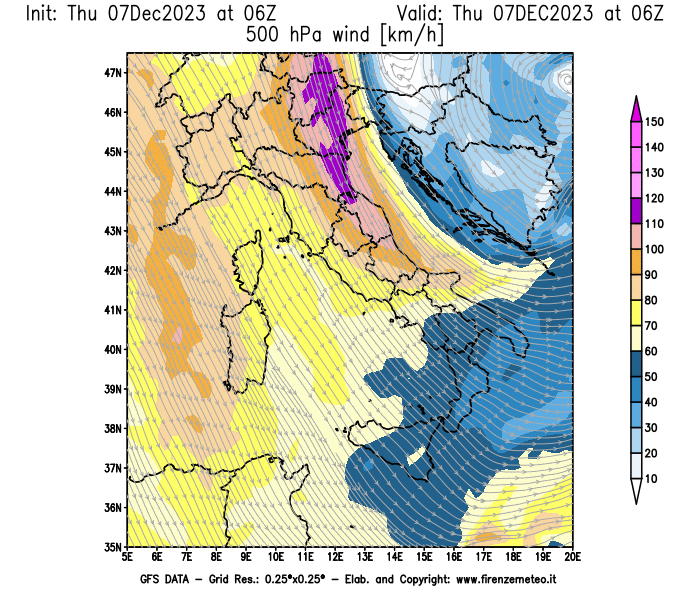 Mappa di analisi GFS - Velocità del vento a 500 hPa in Italia
							del 7 dicembre 2023 z06