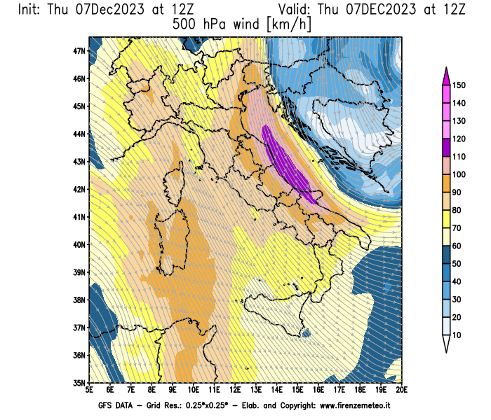 Mappa di analisi GFS - Velocità del vento a 500 hPa in Italia
							del 7 dicembre 2023 z12