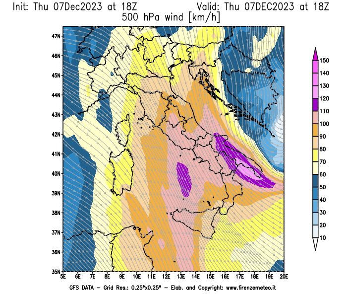 Mappa di analisi GFS - Velocità del vento a 500 hPa in Italia
							del 7 dicembre 2023 z18
