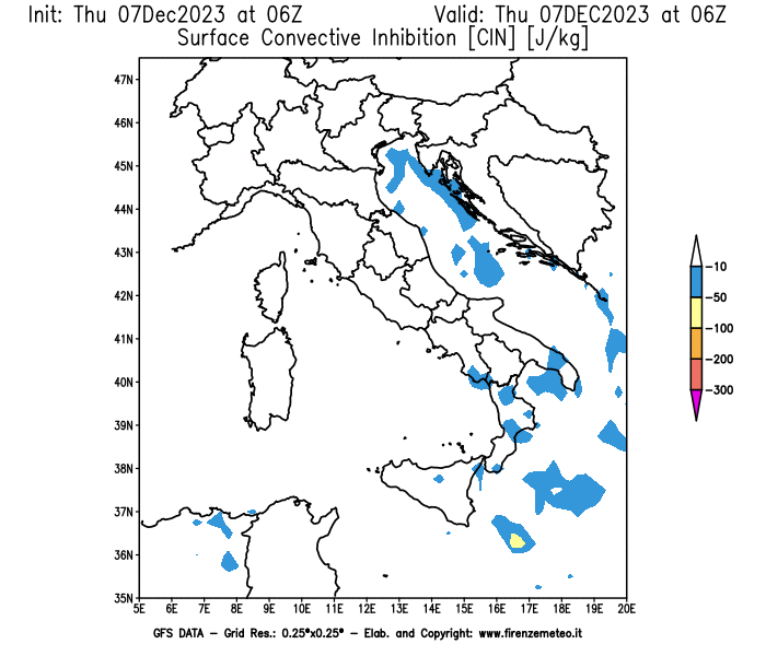 Mappa di analisi GFS - CIN in Italia
							del 7 dicembre 2023 z06