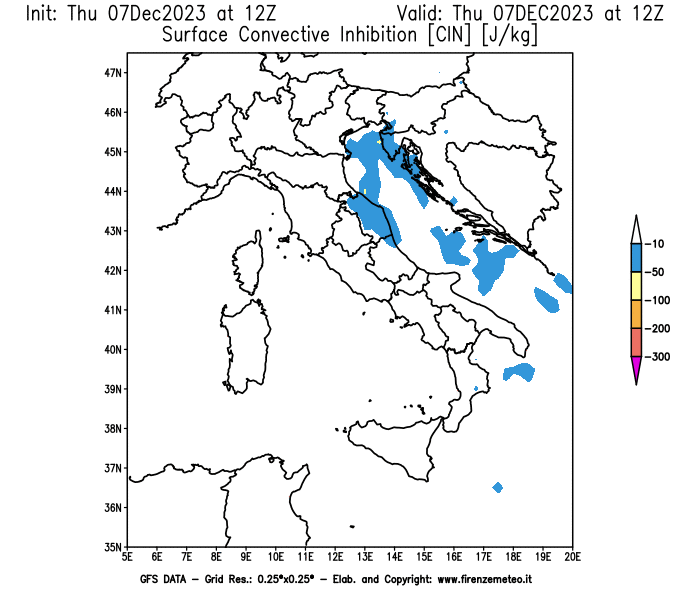GFS analysi map - CIN in Italy
									on December 7, 2023 H12