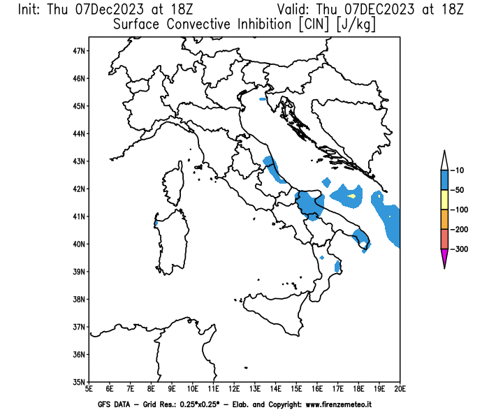 Mappa di analisi GFS - CIN in Italia
							del 7 dicembre 2023 z18