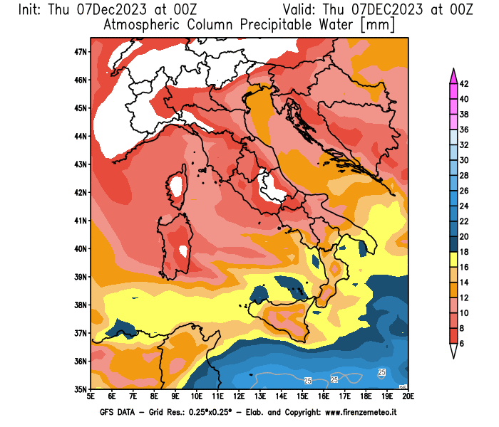 Mappa di analisi GFS - Precipitable Water in Italia
							del 7 dicembre 2023 z00