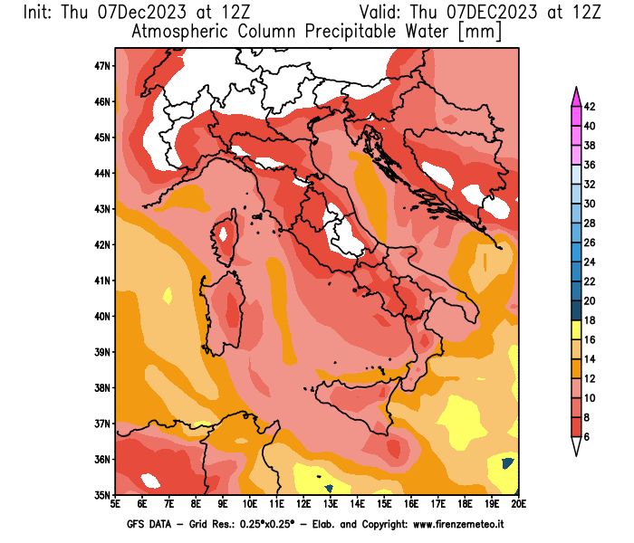 Mappa di analisi GFS - Precipitable Water in Italia
							del 7 dicembre 2023 z12
