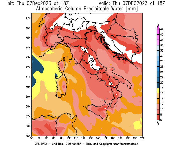 Mappa di analisi GFS - Precipitable Water in Italia
							del 7 dicembre 2023 z18