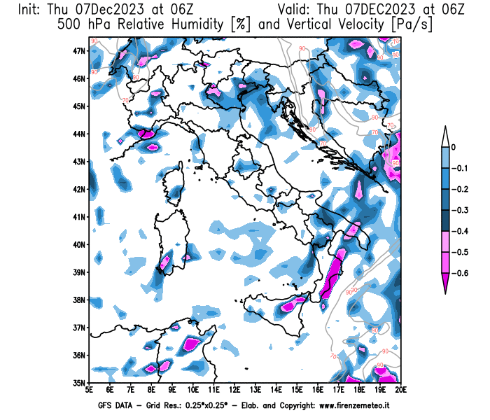 Mappa di analisi GFS - Umidità relativa e Omega a 500 hPa in Italia
							del 7 dicembre 2023 z06