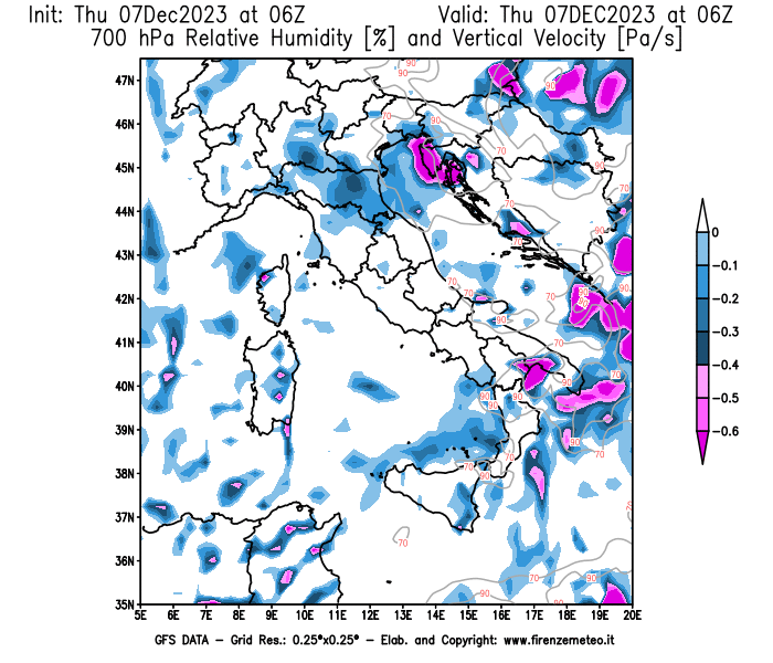 Mappa di analisi GFS - Umidità relativa e Omega a 700 hPa in Italia
							del 7 dicembre 2023 z06