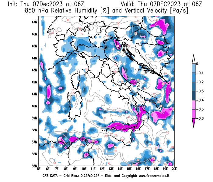 Mappa di analisi GFS - Umidità relativa e Omega a 850 hPa in Italia
							del 7 dicembre 2023 z06
