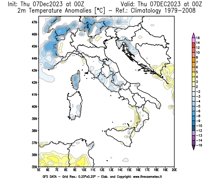 Mappa di analisi GFS - Anomalia Temperatura a 2 m in Italia
							del 7 dicembre 2023 z00