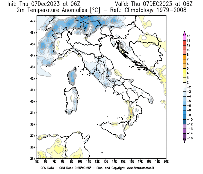 Mappa di analisi GFS - Anomalia Temperatura a 2 m in Italia
							del 7 dicembre 2023 z06