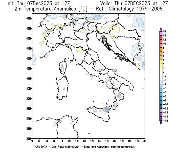 Mappa di analisi GFS - Anomalia Temperatura a 2 m in Italia
							del 7 dicembre 2023 z12