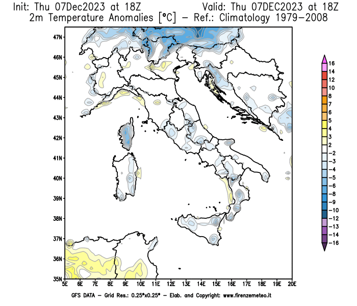 Mappa di analisi GFS - Anomalia Temperatura a 2 m in Italia
							del 7 dicembre 2023 z18