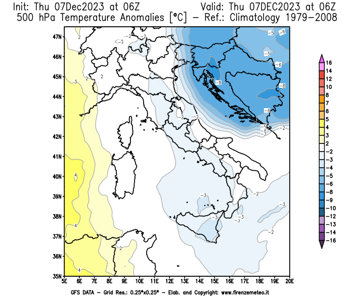 Mappa di analisi GFS - Anomalia Temperatura a 500 hPa in Italia
							del 7 dicembre 2023 z06