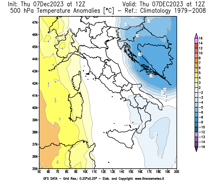 Mappa di analisi GFS - Anomalia Temperatura a 500 hPa in Italia
							del 7 dicembre 2023 z12