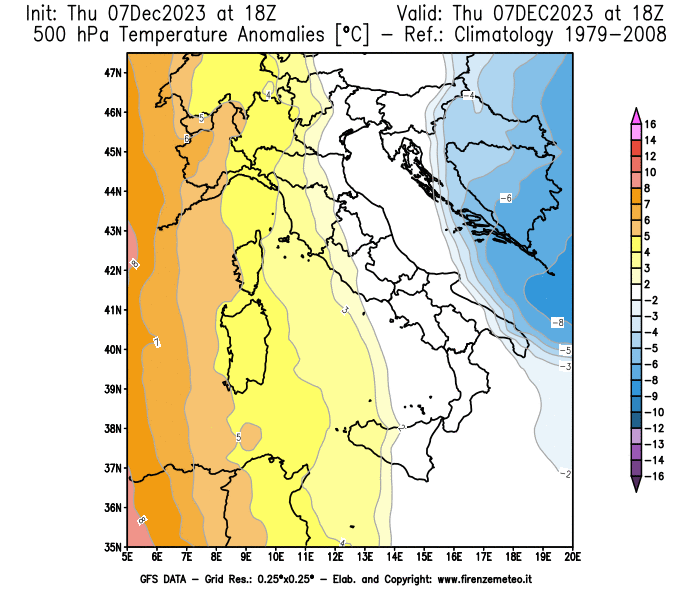Mappa di analisi GFS - Anomalia Temperatura a 500 hPa in Italia
							del 7 dicembre 2023 z18