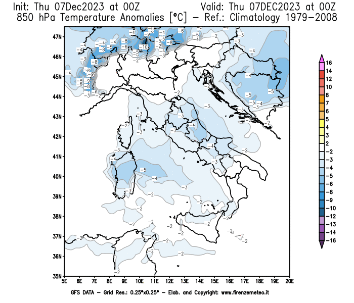Mappa di analisi GFS - Anomalia Temperatura a 850 hPa in Italia
							del 7 dicembre 2023 z00
