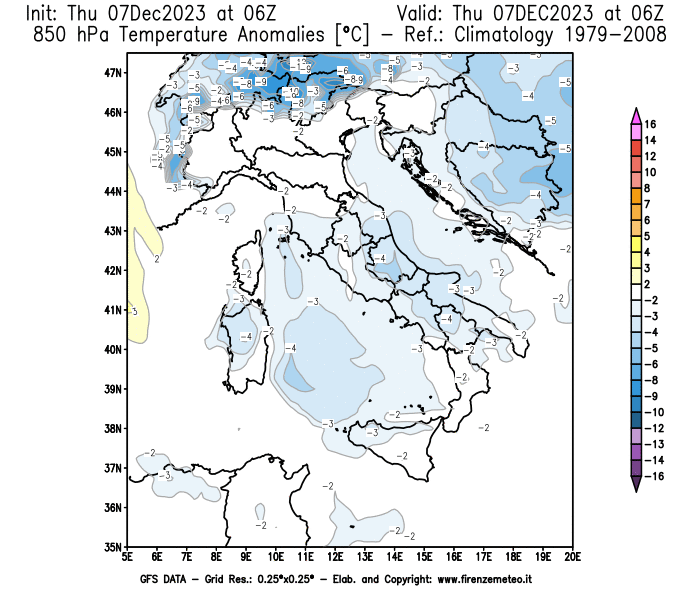 Mappa di analisi GFS - Anomalia Temperatura a 850 hPa in Italia
							del 7 dicembre 2023 z06