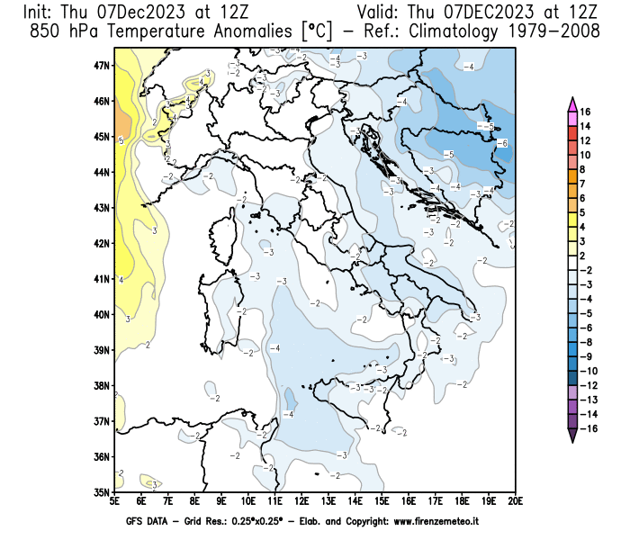 Mappa di analisi GFS - Anomalia Temperatura a 850 hPa in Italia
							del 7 dicembre 2023 z12