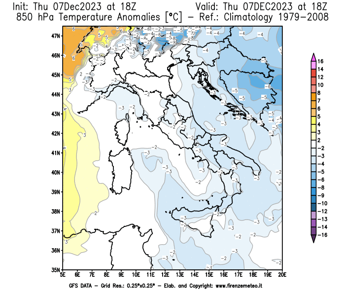 Mappa di analisi GFS - Anomalia Temperatura a 850 hPa in Italia
							del 7 dicembre 2023 z18
