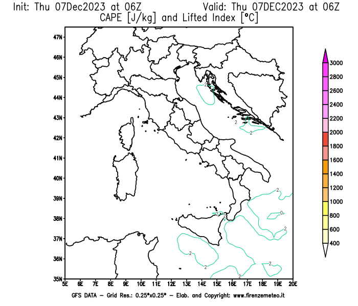 GFS analysi map - CAPE and Lifted Index in Italy
									on December 7, 2023 H06