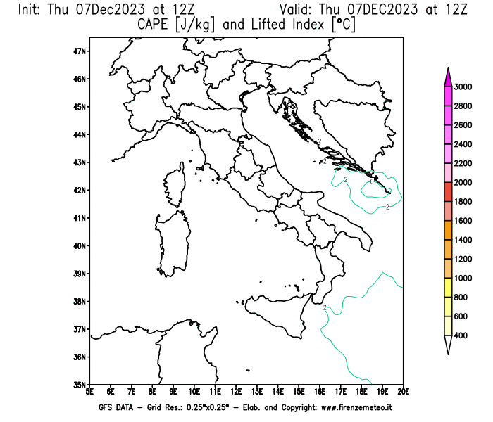 GFS analysi map - CAPE and Lifted Index in Italy
									on December 7, 2023 H12
